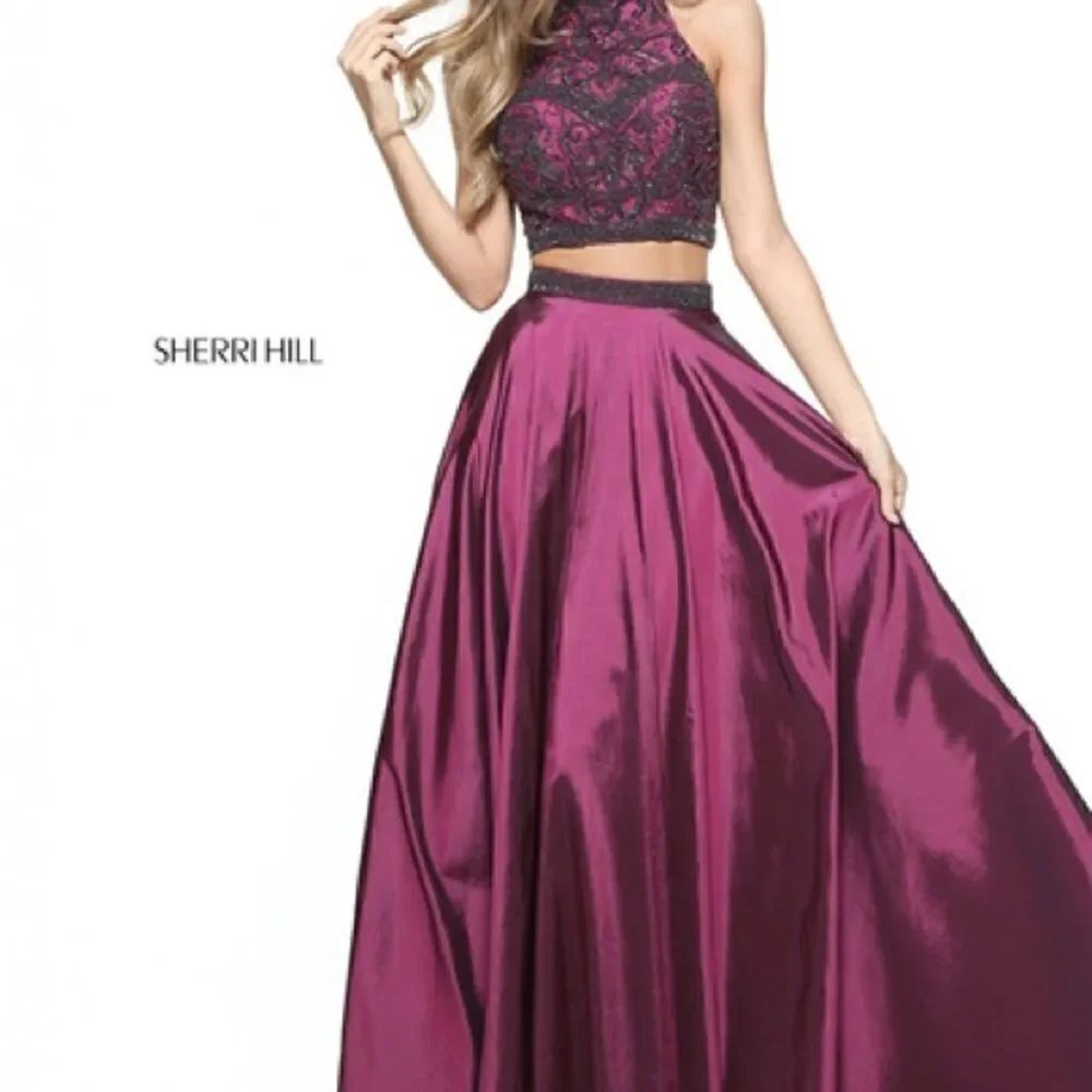 Sherri Hill Plum Two-piece taffeta A-line gown with high neck beaded bod…